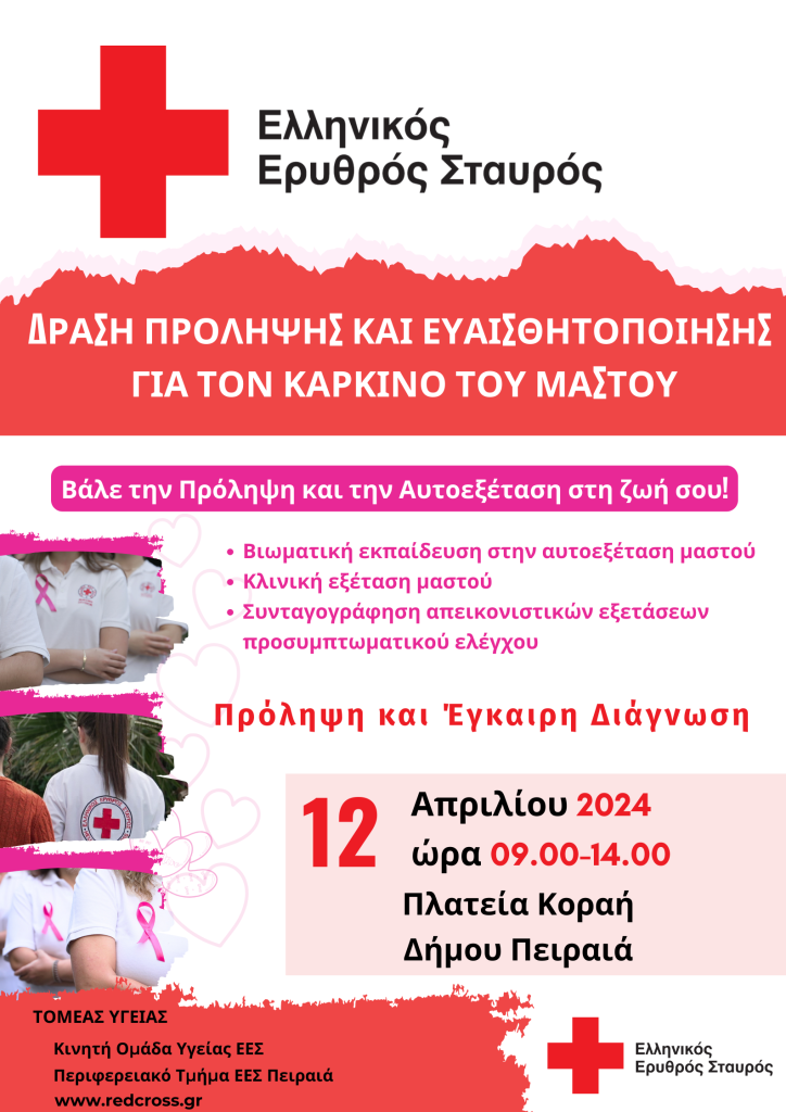 Ο Ελληνικός Ερυθρός Σταυρός διοργανώνει δράση για την πρόληψη του καρκίνου του μαστού στον Δήμο Πειραιά