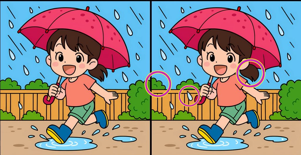 Βρείτε τις 3 διαφορές στη φωτογραφία με το κορίτσι που παίζει στη βροχή – Μπορείτε να λύσετε το τεστ παρατηρητικότητας μέσα σε 47";