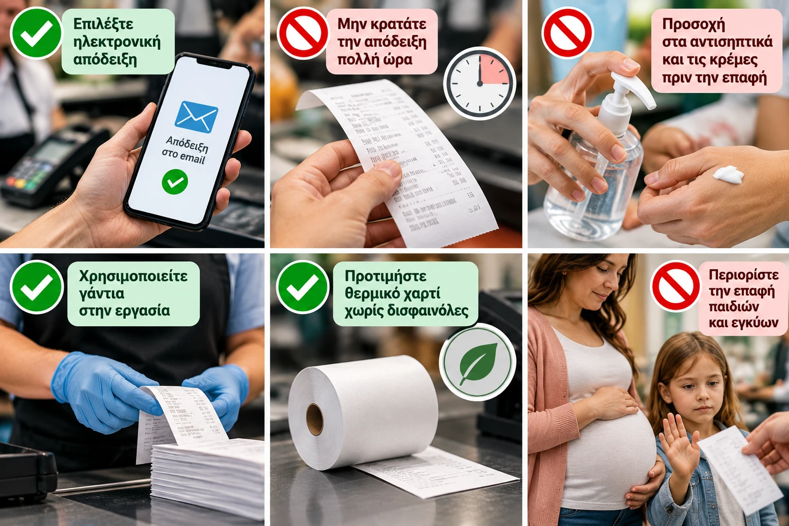 Επιλέγετε ηλεκτρονικές αποδείξεις όταν διατίθενται.Αποφεύγετε να κρατάτε τις αποδείξεις πολλή ώρα στα χέρια σας. Προσέχετε τη χρήση αντισηπτικών και ενυδατικών προϊόντων πριν από την επαφή με θερμικό χαρτί. Χρησιμοποιείτε κατάλληλα γάντια εάν χειρίζεστε πολλές αποδείξεις στην εργασία σας. Προτιμάτε θερμικό χαρτί χωρίς δισφαινόλες, όπου υπάρχει αυτή η δυνατότητα. Περιορίζετε την περιττή επαφή των παιδιών και των εγκύων με τέτοιου είδους αποδείξεις.
